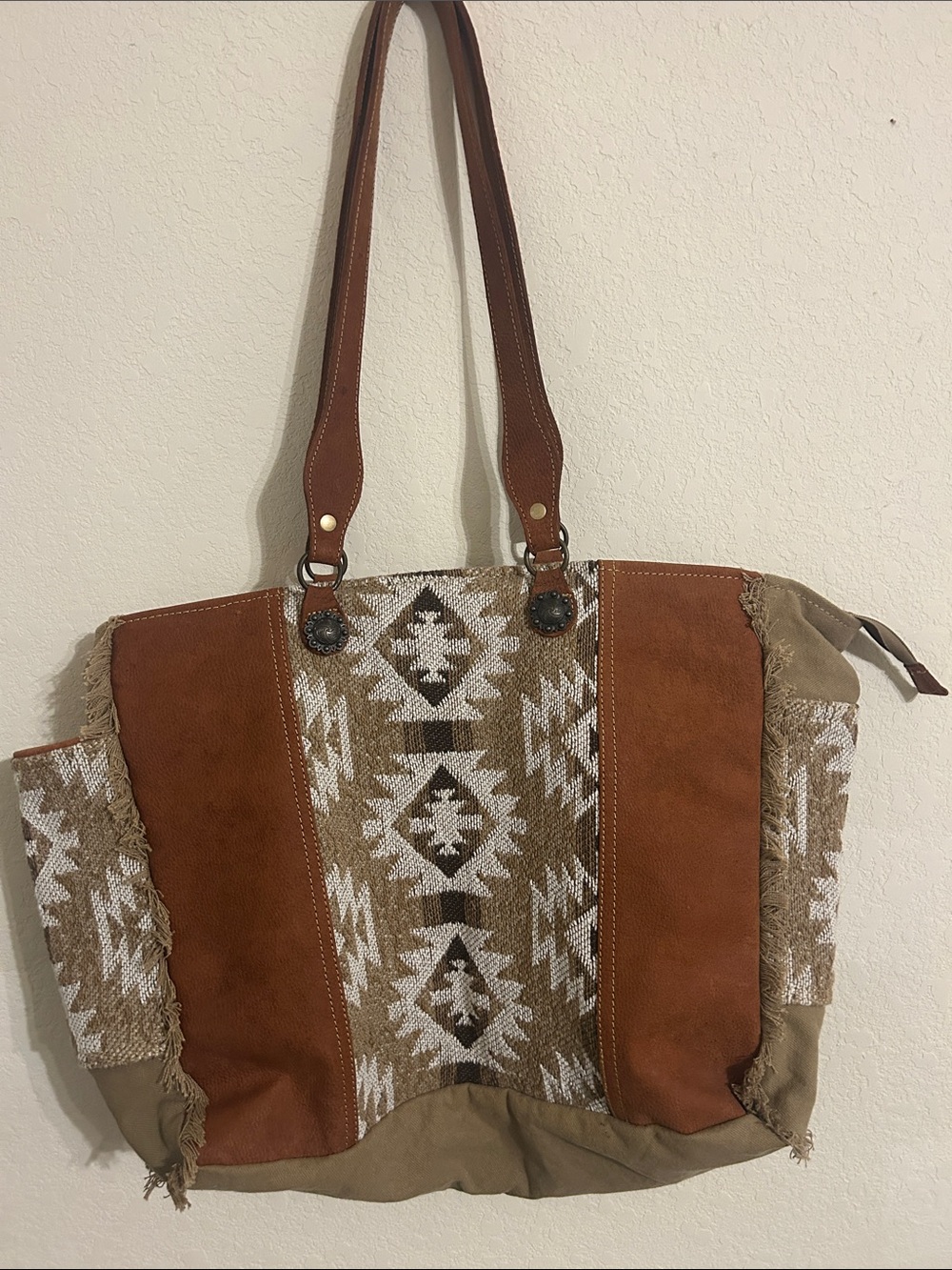 Myra bag leather and Cotton carve tote 24” wide 17” tall